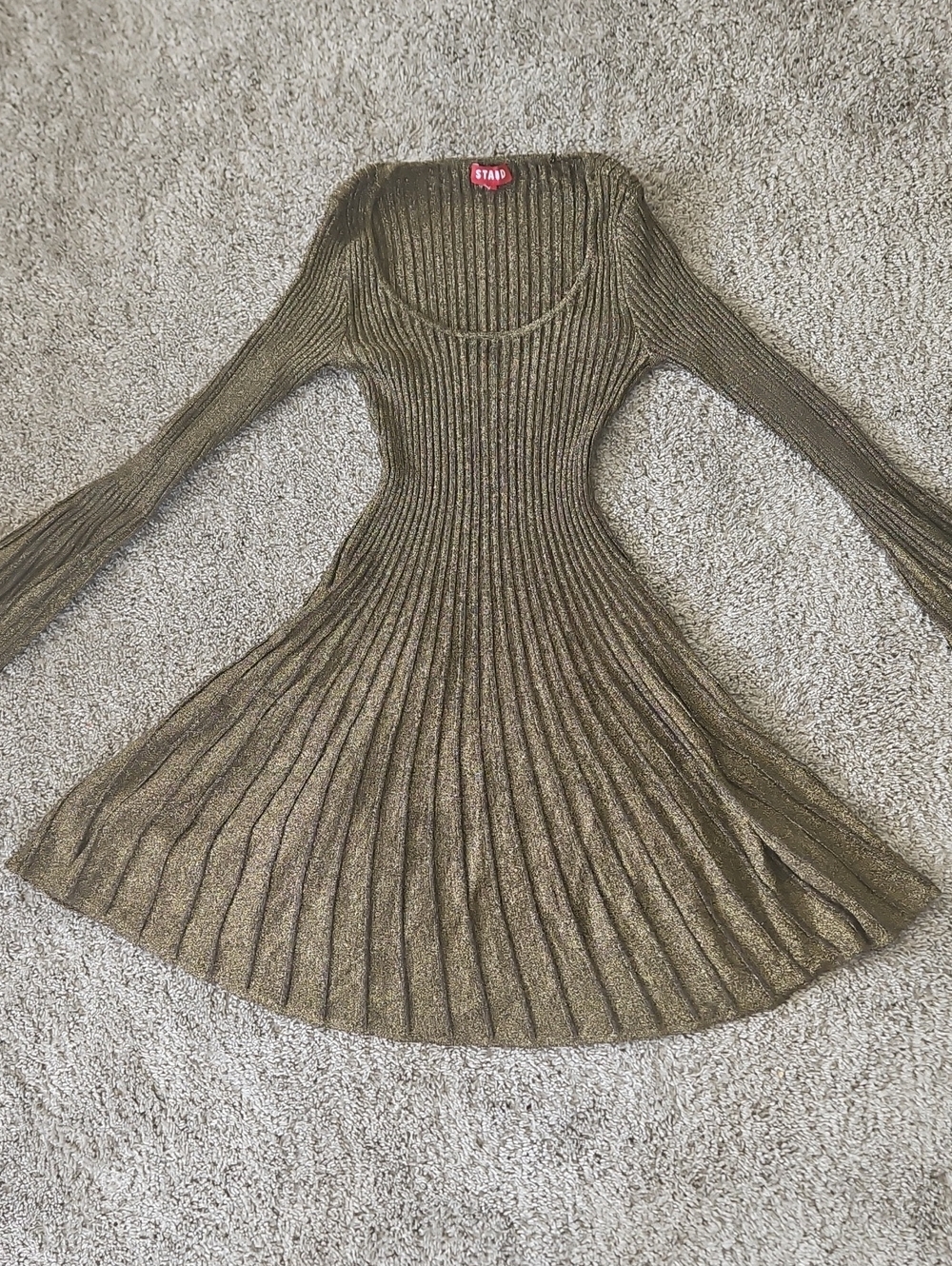 STAUD Gold Metallic Ribbed Long-Sleeve Fit-and-Flare Mini Dress L - Picture 2 of 11